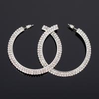 Boucle d'oreille strass, alliage de zinc, acier inoxydable puce boucle d'oreille, Placage de couleur platine, pour femme & facettes & avec strass, sans plomb et cadmium, 60x7mm, Vendu par paire