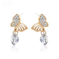 Pendientes de Cristal, aleación de zinc, con Cristal, acero inoxidable aguja de pendiente, Mariposa, chapado en color dorado, para mujer & con diamantes de imitación, libre de plomo & cadmio, 10x20mm, Vendido por Par