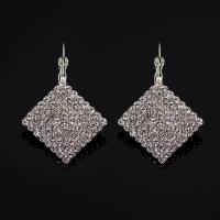 Boucle d'oreille strass, alliage de zinc, fer boucle d'oreille dormeuse, losange, Placage de couleur platine, pour femme & avec strass, sans plomb et cadmium, 28x40mm, Vendu par paire