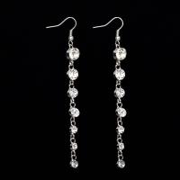 Pendientes de Diamantes de Imitación, aleación de zinc, hierro aro de pendiente, chapado en color de platina, para mujer & con diamantes de imitación, libre de plomo & cadmio, 95x8mm, Vendido por Par