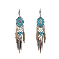 Fashion Fringe Boucles d'oreilles, alliage de zinc, avec turquoise synthétique, fer boucle d'oreille crochet, forme de plume, Placage, Style bohème & pour femme & émail, sans plomb et cadmium, 84x14mm, Vendu par paire