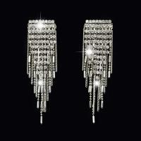 Zinc Alloy Tassel Earring, met Glas, roestvrij staal oorbel bericht, platinum plated, voor vrouw & met strass, lood en cadmium vrij, 82x23mm, Verkocht door pair