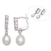 perle d'eau douce cultivée boucle d'oreille leverback, avec laiton, pour femme & avec zircone cubique, blanc, 7-8mm, 8x26x12mm, Vendu par paire