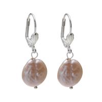 perle d'eau douce cultivée boucle d'oreille leverback, avec laiton, naturel, pour femme, rose, 13-14mm, Vendu par paire