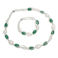 Natural Gekweekte Zoetwater Parel Sieraden Sets, armband & halsketting, met Groene Aventurijn & Glas rocailles, messing veerring slotje, Rijst, natuurlijk, voor vrouw, 7-8mm, Lengte Ca 7.5 inch, Ca 17 inch, Verkocht door Stel