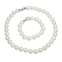 Prirodni Kulturan Slatkovodni Pearl Nakit Kompleti, narukvica & ogrlica, South Sea Shell, mesing preklapajuće kopča, Krug, za žene, bijel, 4-10mm, Dužina Približno 7 inčni, Približno 17 inčni, Prodano By Set