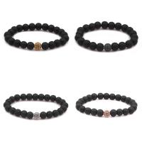 Black Stone Armbånd, med Messing, Runde, forgyldt, Unisex & Micro Pave cubic zirconia & frosted, flere farver til valg, 8mm, Solgt Per Ca. 7.5 inch Strand