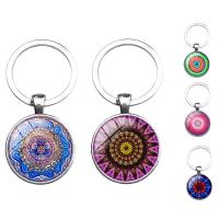 Zinc Alloy Key Chain, med jernring & Glas, Flad Rund, platin farve forgyldt, tid perle smykker & forskellige design til valg & mærkat, bly & cadmium fri, 27mm, Solgt af PC