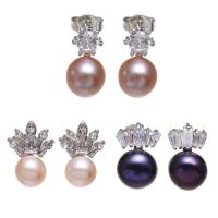 Freshwater Pearl Stud Earring, med Mässing, platina pläterad, olika stilar för val & för kvinna & med strass, 8-9mm, Säljs av Par