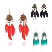 Fashion frynser øreringe, Zinc Alloy, med Feather & Glas Seed Beads, jern ørering krog, antik guld farve forgyldt, for kvinde & emalje, flere farver til valg, bly & cadmium fri, 21x130mm, Solgt af par