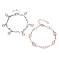 Zoetwater gekweekte parel armband, Messing, met Plastic Box & Zoetwater Parel, met 4cm extender keten, platinum plated, verschillende stijlen voor de keuze & voor vrouw, roze, nikkel, lood en cadmium vrij, Lengte Ca 8 inch, Ca 9.5 inch, Verkocht door box