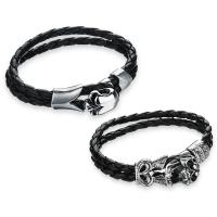 Bracelet de cuir de vachette, acier inoxydable 316L, avec cuir de peau de vache, crane, unisexe & styles différents pour le choix & noircir, couleur originale, 14-17mm, Vendu par Environ 8.5 pouce brin