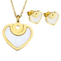 Roestvrij staal sieraden sets, oorbel & halsketting, met White Shell, Hart, gold plated, ovale keten & voor vrouw, 23x27mm, 1.5mm, 13x13mm, Lengte Ca 17 inch, Verkocht door Stel