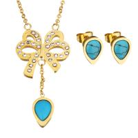 Seiteanna Jewelry Turquoise, earring & muince, Cruach dhosmálta, le Turquoise sintéiseach, Teardrop, dath an óir plated, slabhra Oval & do bhean & le rhinestone, 43mm, 20x22mm, 1.5mm, 8x11mm, Fad Thart 18 Inse, Díolta De réir Socraigh