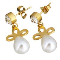 Glass Pearl Earring Stainless Steel with Glass Pearl gold color plated & for woman & with rhinestone 26mm Sold By Lot