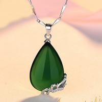 Chalcedony vedhæng, Messing, med Green Calcedony, Teardrop, tykke forsølvede, Micro Pave cubic zirconia, nikkel, bly & cadmium fri, 29x15mm, Hole:Ca. 3-5mm, Solgt af PC