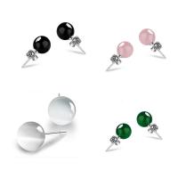 Gemstone Oorbellen, Messing, met Edelsteen, Ronde, silver plated, verschillende materialen voor de keuze & voor vrouw, 8mm, Verkocht door pair