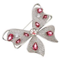 Messing Broche Fund, med Krystal, Butterfly, platineret, Micro Pave cubic zirconia & facetteret, 55x45x12mm, 1mm, Indvendig diameter:Ca. 8mm, 5pc'er/Lot, Solgt af Lot