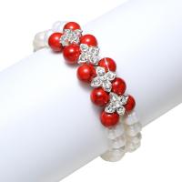 Pulseras de Perlas Freshwater, Perlas cultivadas de agua dulce, con espaciador de latón de diamantes de imitación & Turquesa sintético, Patata, natural, para mujer & 2-sarta, Blanco, 6-7mm, Vendido para aproximado 6.5 Inch Sarta