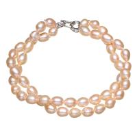 Sötvatten odlade Pearl Bracelet, Freshwater Pearl, mässing Foldover lås, Ris, naturlig, för kvinna & med cubic zirconia & 2-tråd, rosa, 5-6mm, Såld Per Ca 7.5 inch Strand