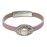 PU cavo bracciali, with perla d'acquadolce coltivata naturalmente & ottone, placcato color platino, per la donna & con strass, rosa, 26x17.5x15mm, Venduto per Appross. 8 pollice filo