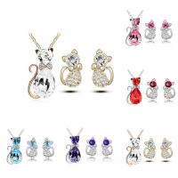 Crystal Sieraden Sets, oorbel & halsketting, Zinc Alloy, met ijzeren ketting & Kristal, roestvrij staal oorbel bericht, met 5cm extender keten, Kat, plated, ovale keten & voor vrouw & gefacetteerde & met strass, meer kleuren voor de keuze, lood en cadmium vrij, 35x19mm, Lengte Ca 15.5 inch, Verkocht door Stel