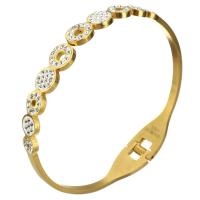 Brazalete del acero inoxidable, con Arcilla analiar de diamantes de imitación AB, chapado en color dorado, para mujer, 8mm, diámetro interior:aproximado 58x53mm, Vendido por UD