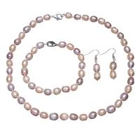 Naturliga Odlade Sötvatten Pearl Jewelry Sets, armband & örhänge & halsband, Freshwater Pearl, med Mässing, mässing Karbinlås, Ris, för kvinna, fler färger för val, 8-9mm, Längd Ca 17 inch, Ca 7.4 inch, Säljs av Ställ