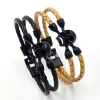 Los hombres de la pulsera y del brazalete, Cuero de vaca, con aleación de zinc, con 2Inch extender cadena, Calavera, chapado en color plomo negro, para hombre, más colores para la opción, Vendido para aproximado 8.5 Inch Sarta