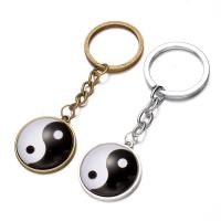 Fashion Time Gem Keychain Key Ring Zinc Alloy with iron ring & Glass Flat Round plated time gem jewelry & ying yang & Unisex & decal lead & cadmium free 28mm Sold By PC