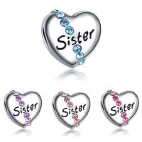 Zinc Alloy European perler, Heart, ordet søster, platin farve forgyldt, uden trold & emalje & med rhinestone, flere farver til valg, bly & cadmium fri, 11x11mm, Hole:Ca. 4-4.5mm, 20pc'er/Bag, Solgt af Bag