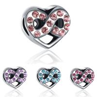 Zinc Alloy European perler, Heart, antik sølv farve forgyldt, uden trold & med rhinestone, flere farver til valg, bly & cadmium fri, 11x10mm, Hole:Ca. 4-4.5mm, 20pc'er/Bag, Solgt af Bag