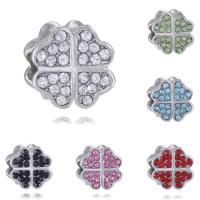 Zinc Alloy European perler, Four Leaf Clover, platin farve forgyldt, uden trold & med rhinestone, flere farver til valg, bly & cadmium fri, 12x12mm, Hole:Ca. 4-4.5mm, 20pc'er/Bag, Solgt af Bag