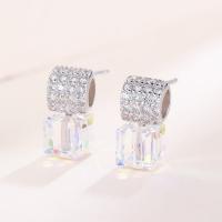 Messing Stud Earring, med Naturlig Quartz, Drum, Tyk 925 Sterling sølv forgyldt, for kvinde & med cubic zirconia, nikkel, bly & cadmium fri, 12x6mm, Solgt af par