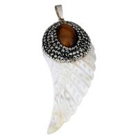 Rhinestone Hanger, White Shell, met messing borgtocht & strass klei pave & Tiger Eye, Vleugelvorm, platinum plated, 24x58x10mm, Gat:Ca 5x7mm, Verkocht door PC