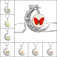 Tijd Gem sieraden ketting, Zinc Alloy, met ijzeren ketting & Glas, met 5cm extender keten, Maan, antiek zilver plated, uniseks & met vlinder patroon & valentino keten & verschillende ontwerpen voor de keuze & sticker, lood en cadmium vrij, 25mm, Per verkocht Ca 17.5 inch Strand