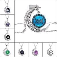 Zeit Gem Jewelry Halskette, Zinklegierung, mit Eisenkette & Glas, mit Verlängerungskettchen von 5cm, Mond, antik silberfarben plattiert, Zeit Edelstein Schmuck & unisex & Valentino-Kette & verschiedene Muster für Wahl & Aufkleber, frei von Blei & Kadmium, 25mm, verkauft per ca. 17.5 ZollInch Strang