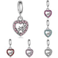 Zinc Alloy European vedhæng, Heart, ordet mor, antik sølv farve forgyldt, Mother Day Smykker & uden trold & med rhinestone, flere farver til valg, bly & cadmium fri, 12x26mm, Hole:Ca. 4-4.5mm, 20pc'er/Bag, Solgt af Bag