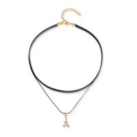 Mode Choker Ketting, PU, met acryl Strass & Zinc Alloy, met 6.5cm extender keten, gold plated, voor vrouw & 2-strengs, 17mm, Per verkocht Ca 13 inch Strand