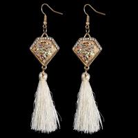 Fashion Fringe Boucles d'oreilles, alliage de zinc, avec document de coquille d'ormeau & Nylon & résine, fer boucle d'oreille crochet, glandpompon, Placage de couleur d'or, pour femme, sans plomb et cadmium, 23x98mm, Vendu par paire