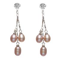 Freshwater Pearl øreringe, Ferskvandsperle, med Messing, Ris, naturlig, for kvinde & med rhinestone, lilla, 6-7mm, 39-42mm, Solgt af par