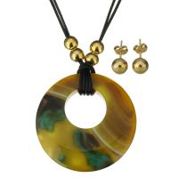 Edelstenen sieraden sets, oorbel & halsketting, Roestvrij staal, met Gewaxt nylon koord & Agaat, Donut, gold plated, voor vrouw, 51mm, 1.5mm, 8mm, Lengte Ca 20 inch, Verkocht door Stel