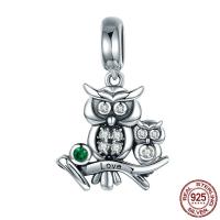 Ταϊλάνδη Sterling Silver European μενταγιόν, Κουκουβάγια, χωρίς troll & με ζιργκόν, 16x25mm, Τρύπα:Περίπου 4.5-5mm, Sold Με PC