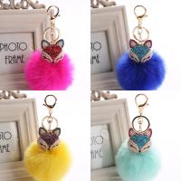 Bola de piel Pom Pom Keychain, aleación de zinc, con felpa & Perlas plásticas, Zorro, chapado en color dorado, con diamantes de imitación, más colores para la opción, libre de níquel, plomo & cadmio, 80mm, Vendido por Sarta