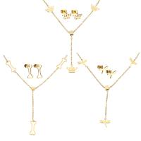 acciaio inox set di gioielli fashion, orecchino & Collana, with 2Inch extender chain, placcato color oro, catena ovale & stili diversi per la scelta & per la donna, Lunghezza Appross. 17 pollice, 5Setsinsieme/lotto, Venduto da lotto