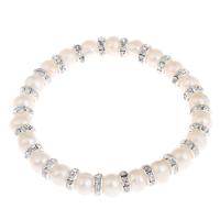 Fionnuisce saothraithe Pearl Bracelet, Pearl Fionnuisce, le Prás, Prátaí, dath platanam plátáilte, nádúrtha & le rhinestone, 7-8mm, Díolta Per Thart 7 Inse Snáithe