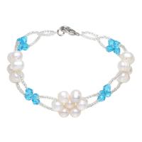 Zoetwater gekweekte parel armband, Kristal, met Zoetwater Parel & Glas rocailles, ijzer schroef sluiting, Beaded daisy chain, 3-4mm, Per verkocht 7.5 inch Strand