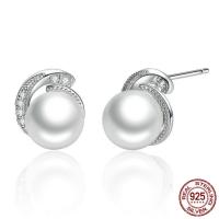 925 Sterling Zilver Stud Earring, met Zoetwater Parel, micro pave zirconia & voor vrouw, 9x11mm, Verkocht door pair