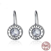 Thailand Sterling Sølv Ørering, Flad Rund, ordet for evigt familie, for kvinde & med cubic zirconia, 11x20mm, Solgt af par