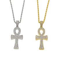 Zinc Alloy Halskæde, Ankh Kors, forgyldt, Fransk reb kæde & Unisex & med rhinestone, flere farver til valg, nikkel, bly & cadmium fri, 25x65mm, Solgt Per Ca. 23.6 inch Strand